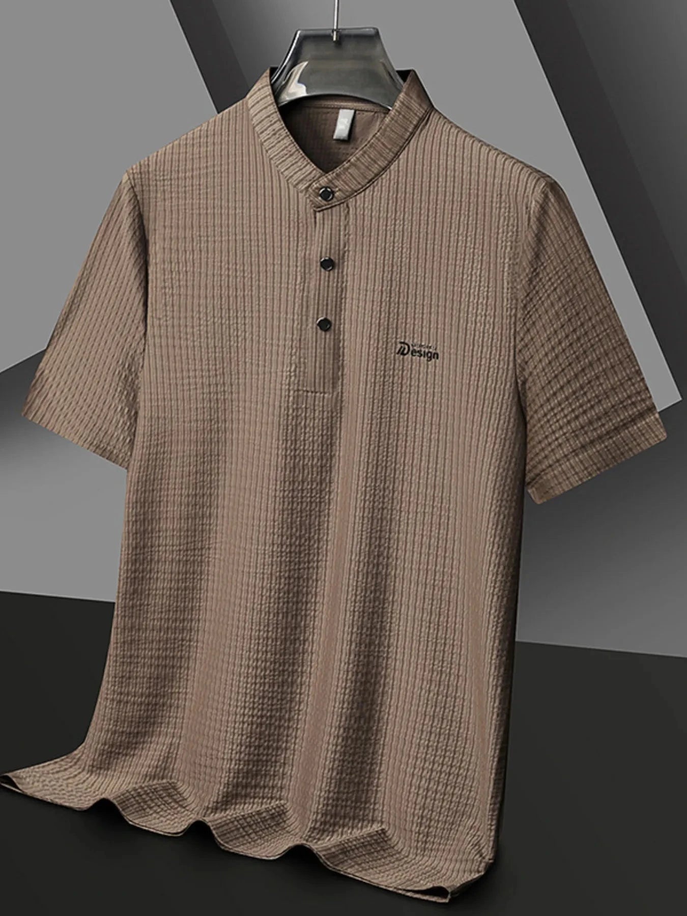 Men's Plus Size Textured Button Detail Short Sleeve Top Khaki / M