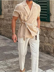 Men's Plus Size Tied Lightweight Linen Wrap Top Apricot / M