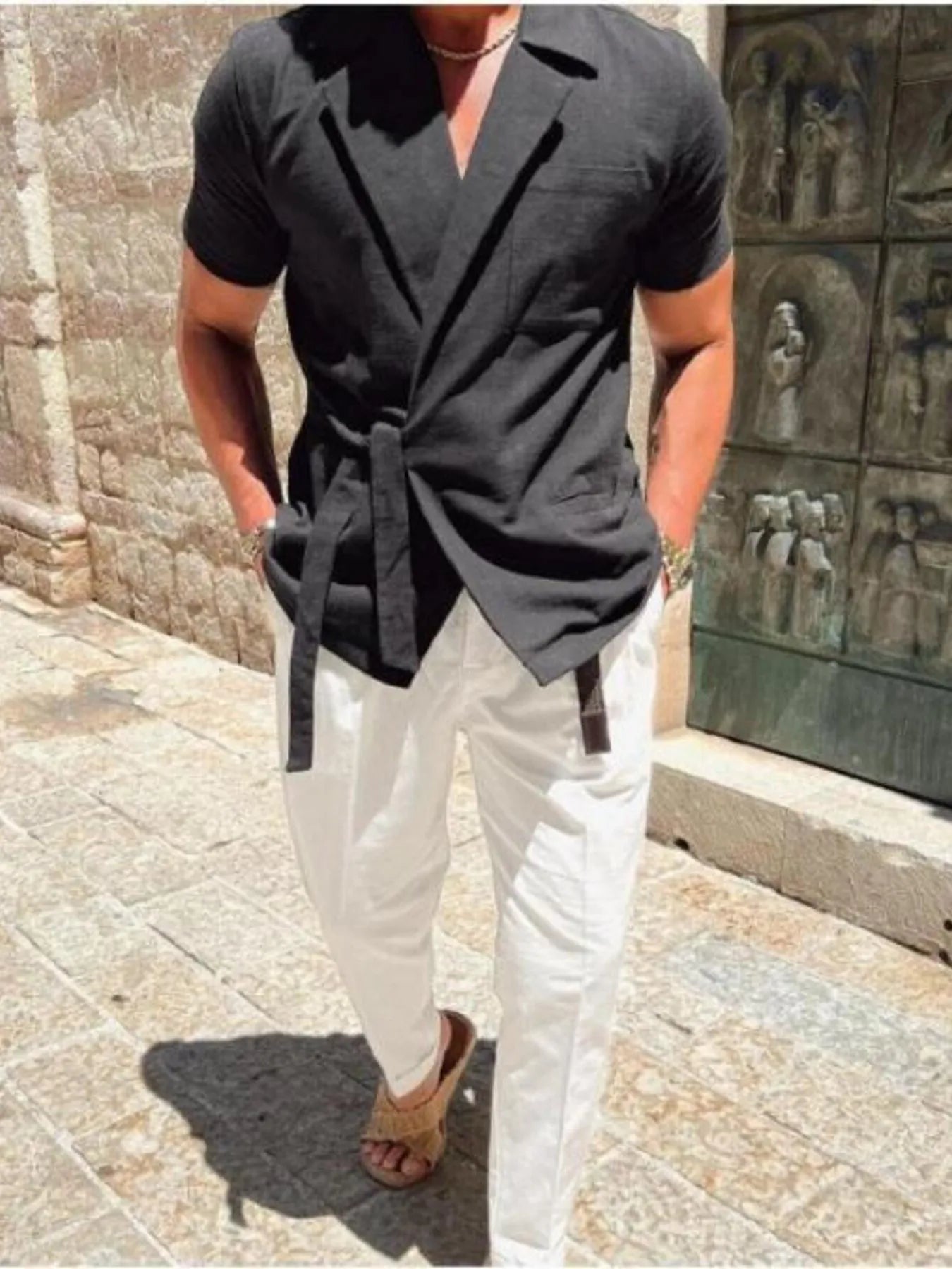 Men's Plus Size Tied Lightweight Linen Wrap Top Black / M