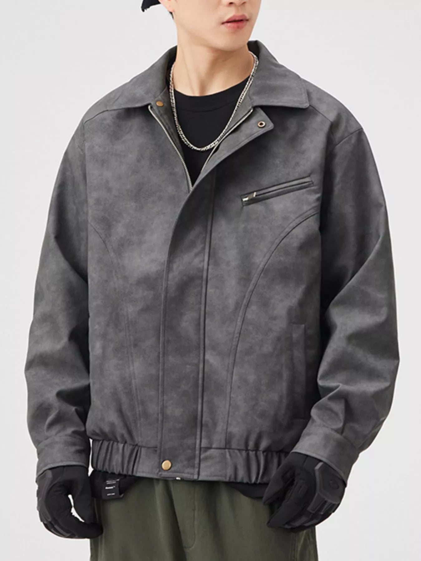 Men's Plus Size Vintage Style Zip Up Leather Jacket Dark Gray / M