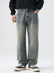 Men's Plus Size Washed Wide Leg Jeans Plus Size Retro Yellow Mud Color / M