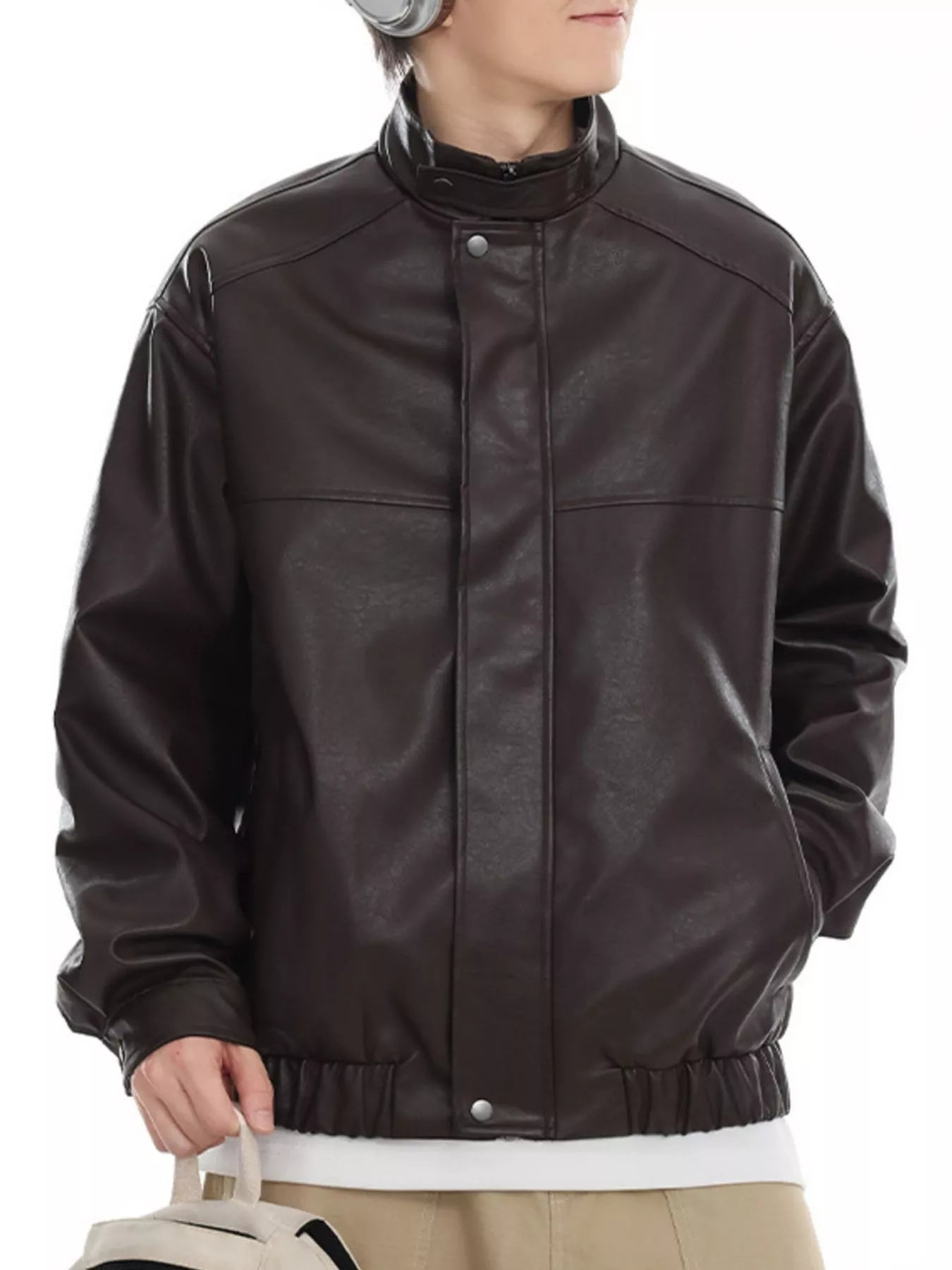 Men's Plus Size Zip Up Leather Bomber Jacket Brown / M