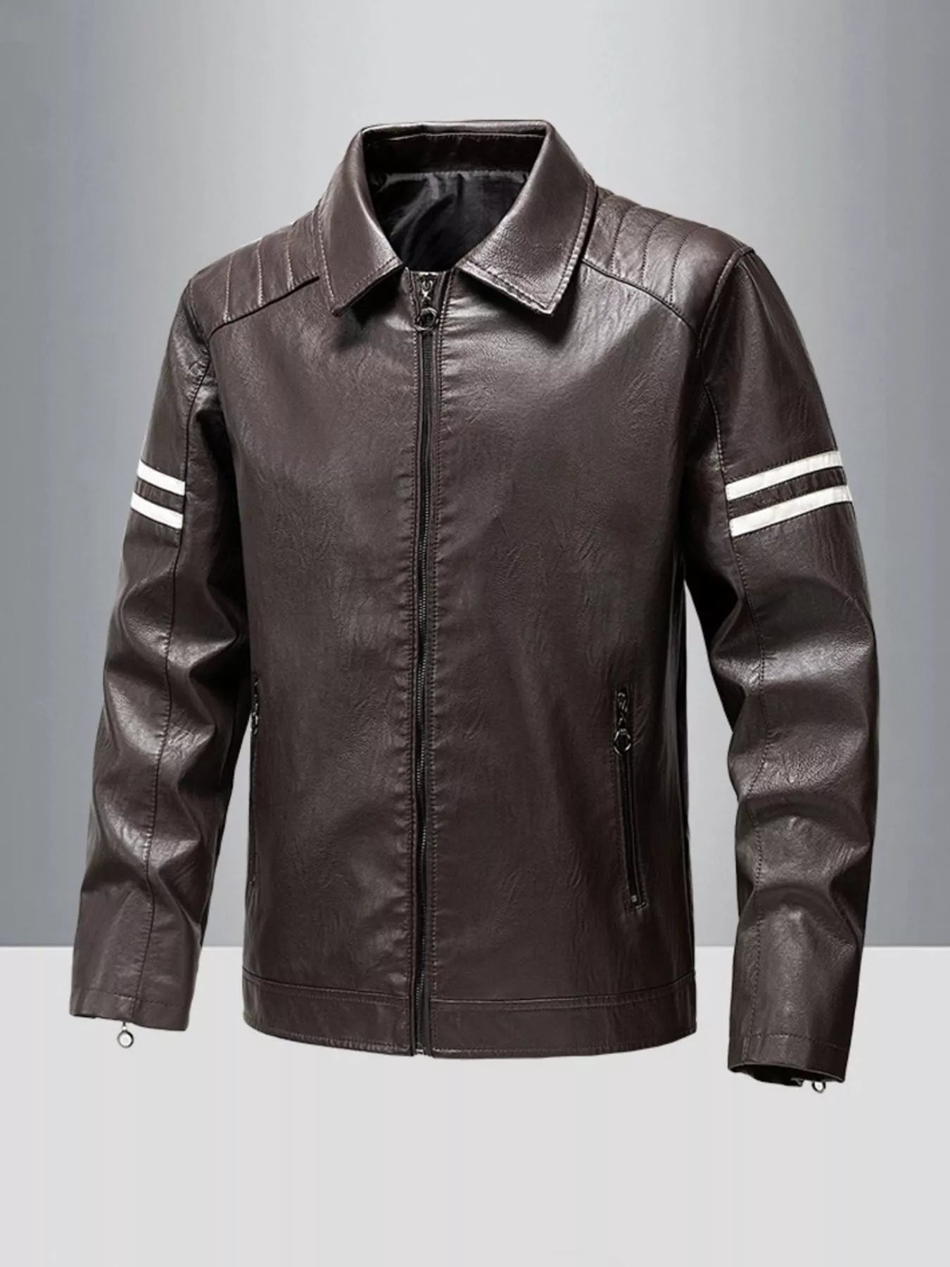 Men's Plus Size Zip Up Leather Motorcycle Jacket Coffee / L