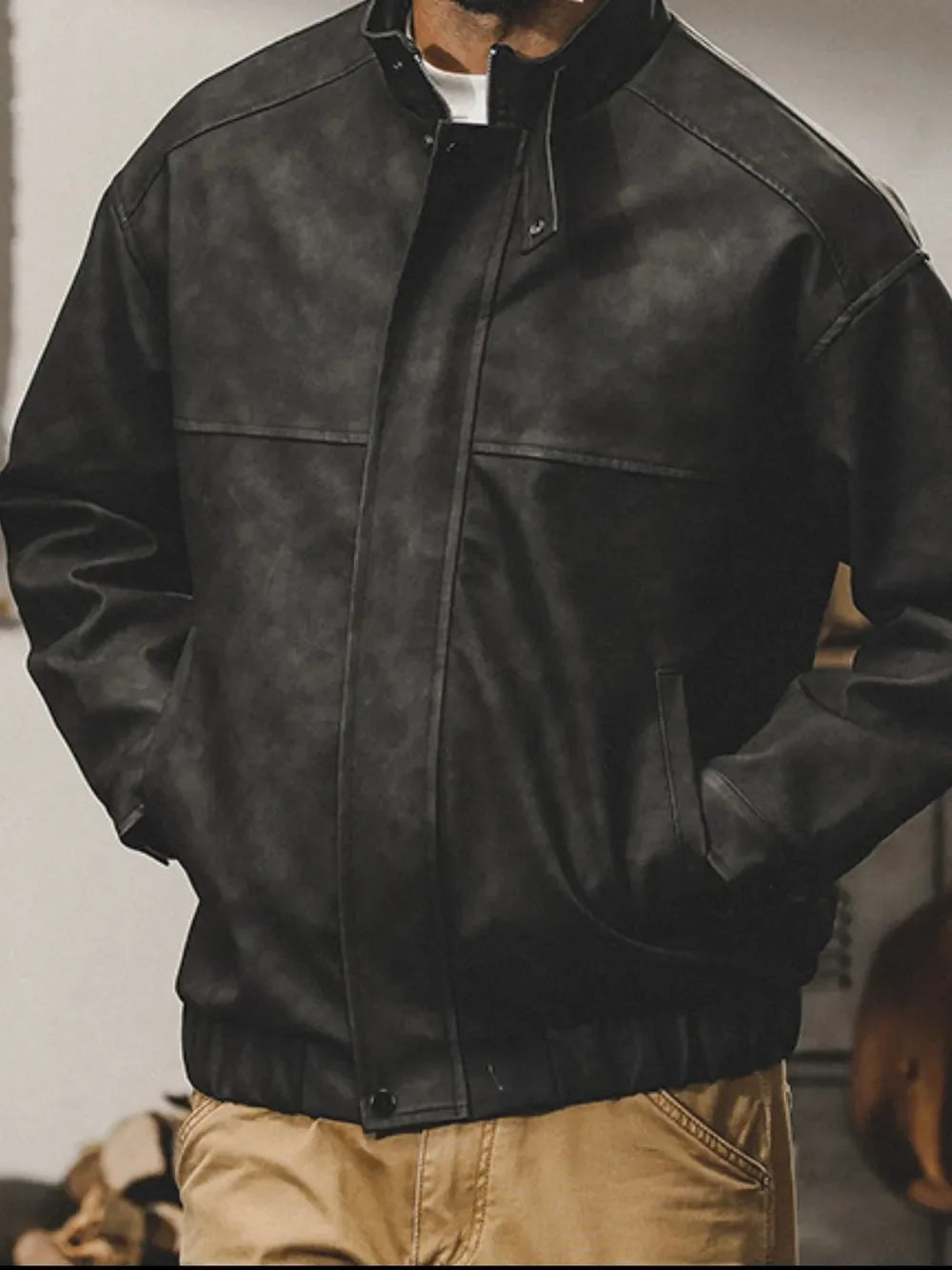 Men's Plus Size Zip Up Stand Collar Biker Jacket Black / M