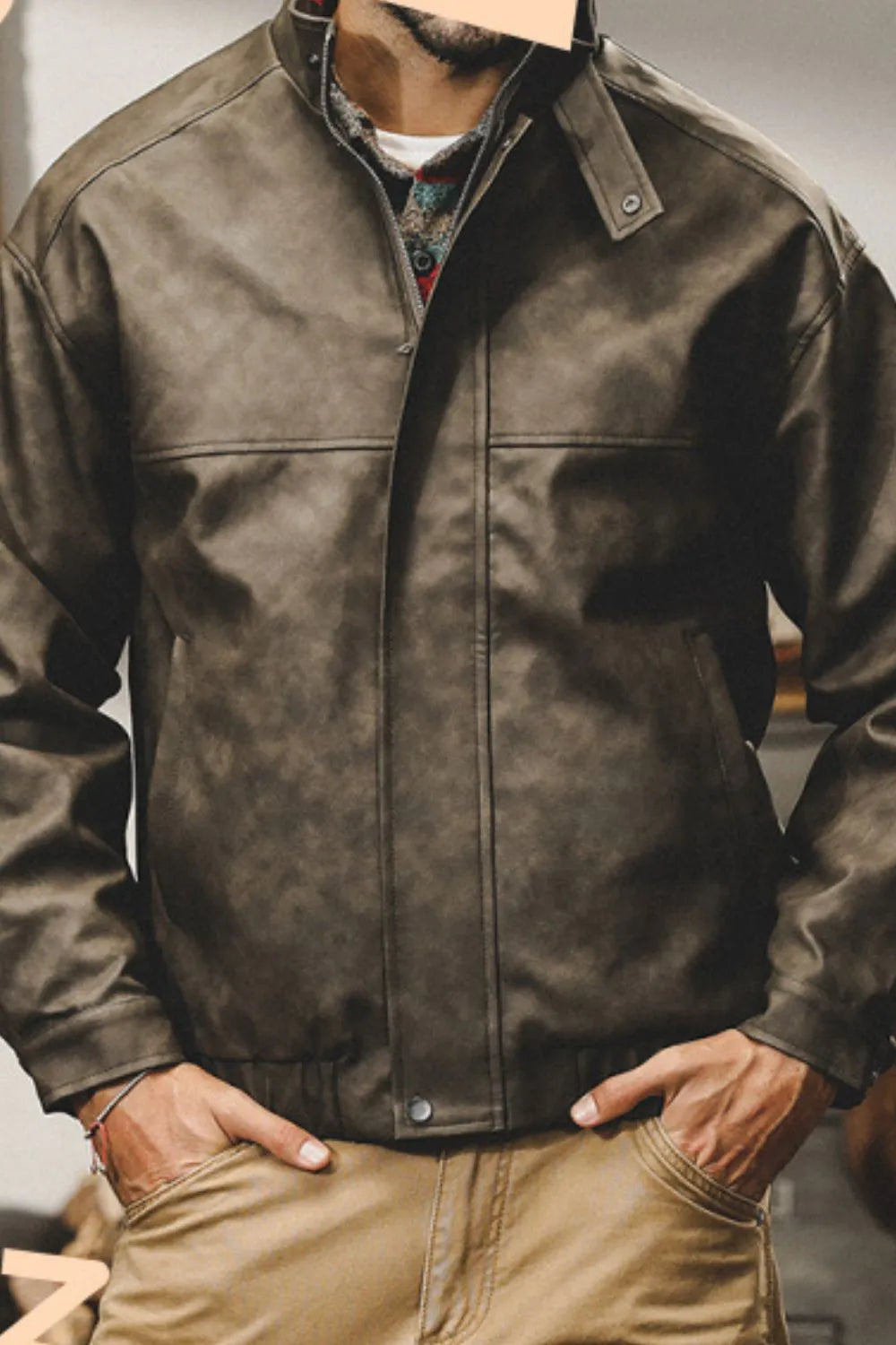 Men's Plus Size Zip Up Stand Collar Biker Jacket Dark Gray / M