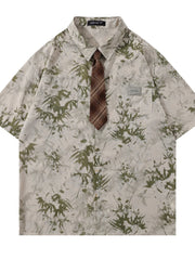Men's Printed Short Sleeve Shirt with Tie Green / M