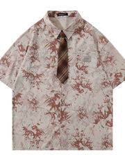 Men's Printed Short Sleeve Shirt with Tie Red / M