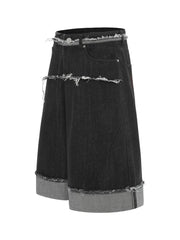 Men's Raw Hem Denim Bermuda Shorts with Contrast Cuffs