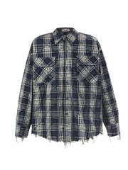 Men's Raw Hem Plaid Button Up Shirt Blue / M