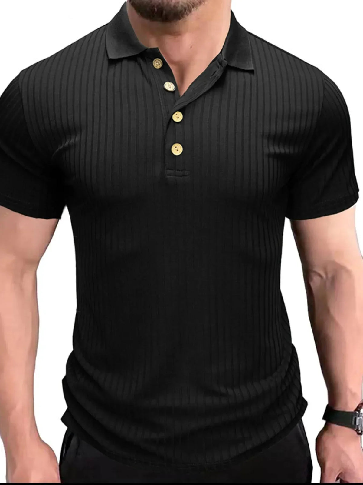 Men's Ribbed Knit Slim Fit Polo Shirt Black / S
