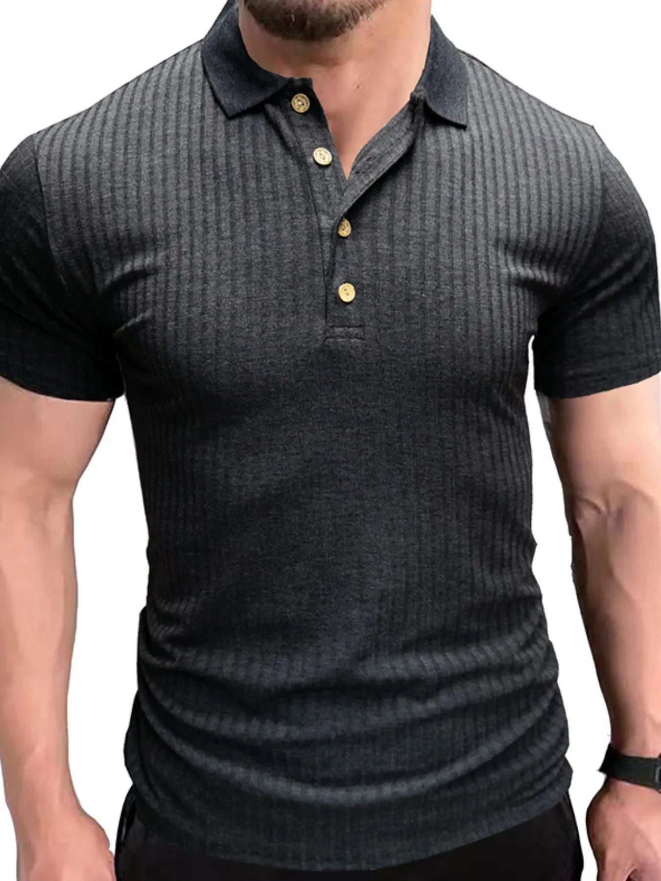 Men's Ribbed Knit Slim Fit Polo Shirt Dark Gray / S