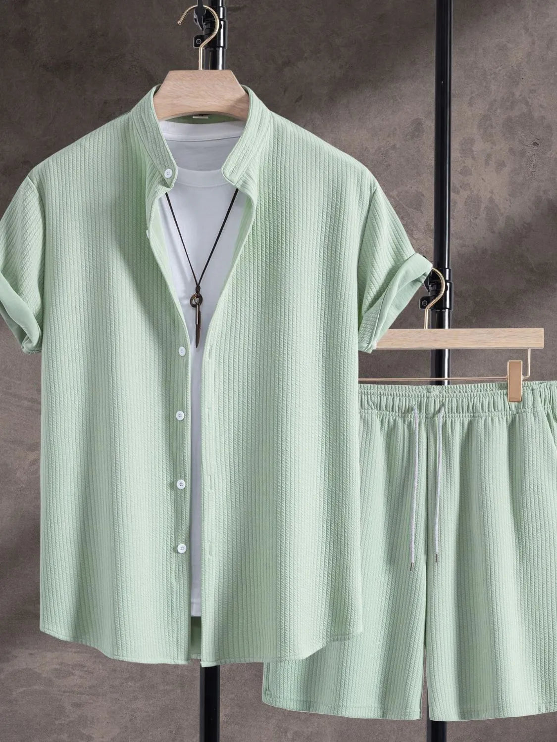 Men's Ribbed Short Sleeve Shirt and Shorts Set Green / S