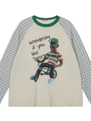 Men's Round Neck Graphic Plaid Long Sleeve T-Shirt Rice Apricot / M