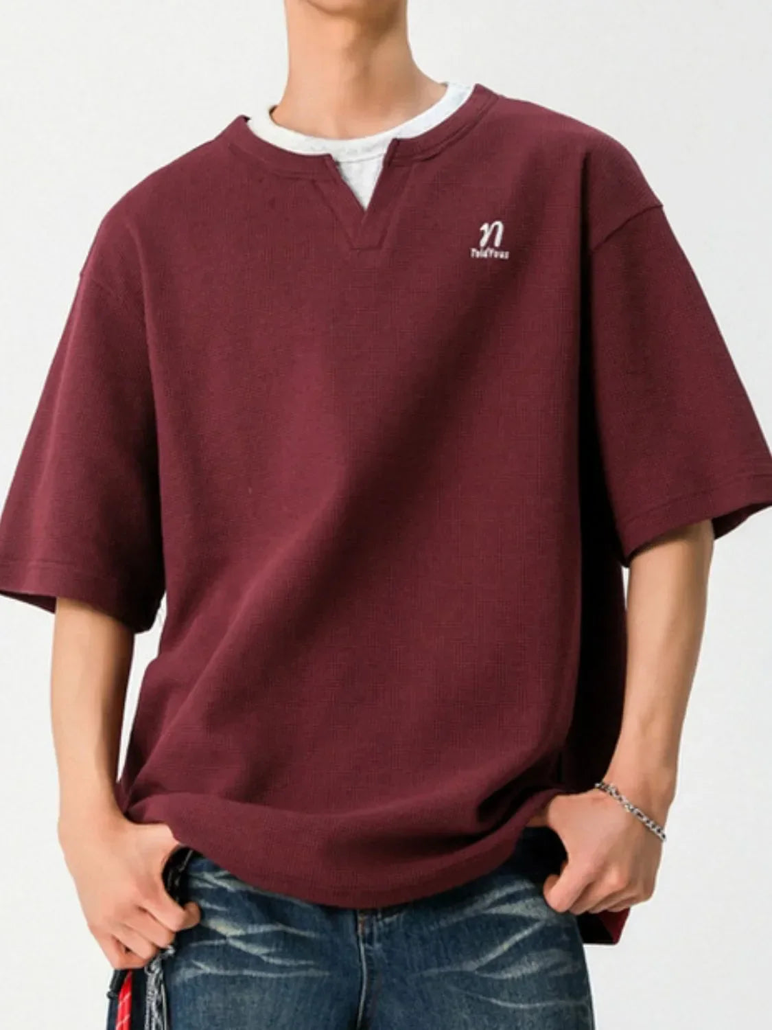 Men's Round Neck Half Sleeve T-Shirt Burgundy / M