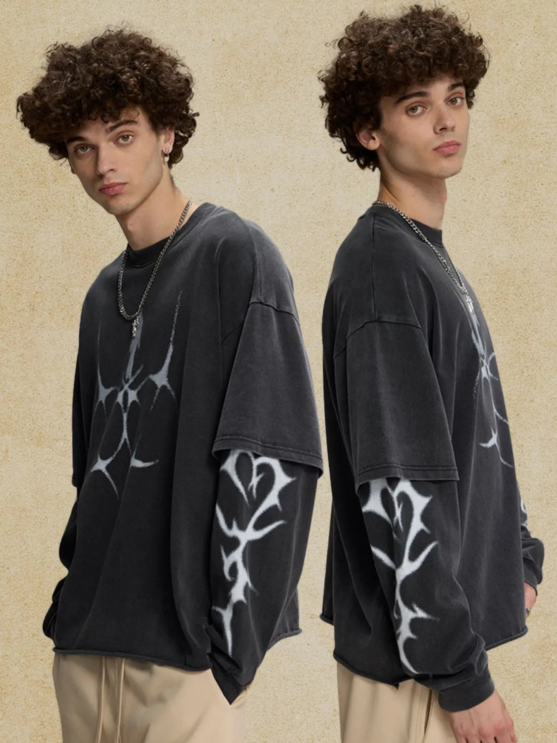 Men's Round Neck Long Sleeve Oversized T-Shirt Black / M