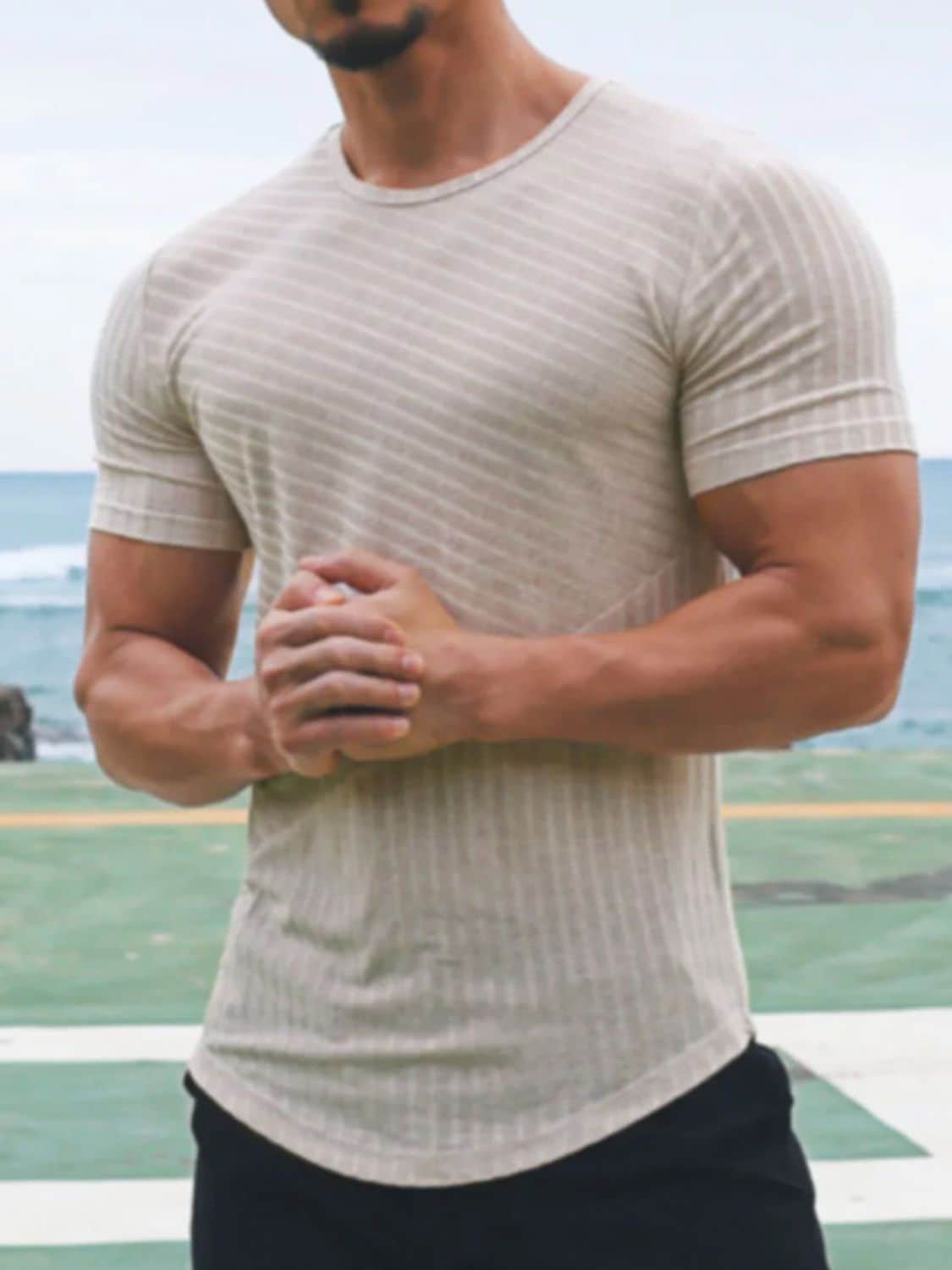 Men's Round Neck Short Sleeve Striped T-Shirt Light Gray / XXL