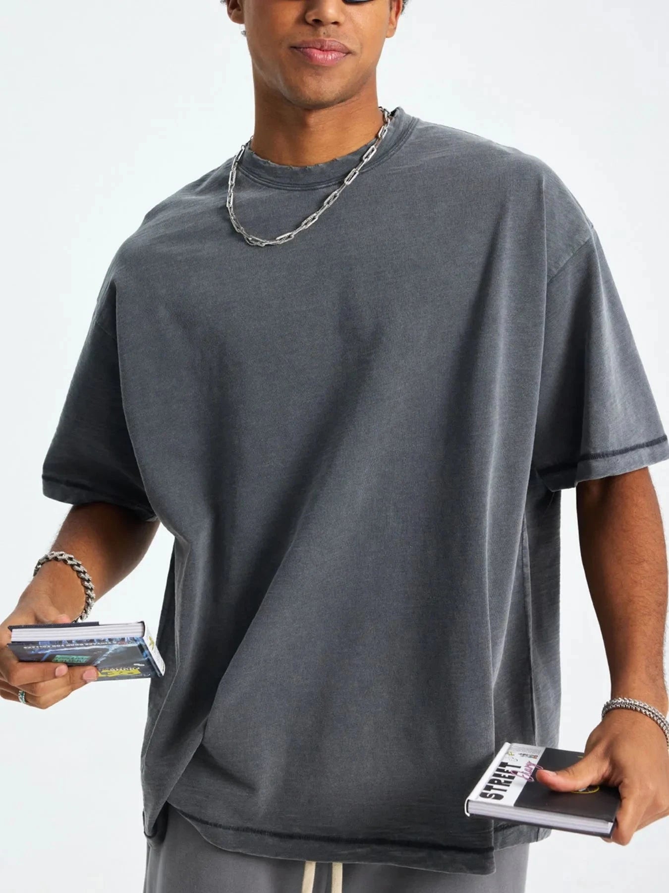 Men's Round Neck Short Sleeve T-Shirt Washed Dark Gray / S