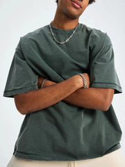 Men's Round Neck Short Sleeve T-Shirt Washed Dark Green / S