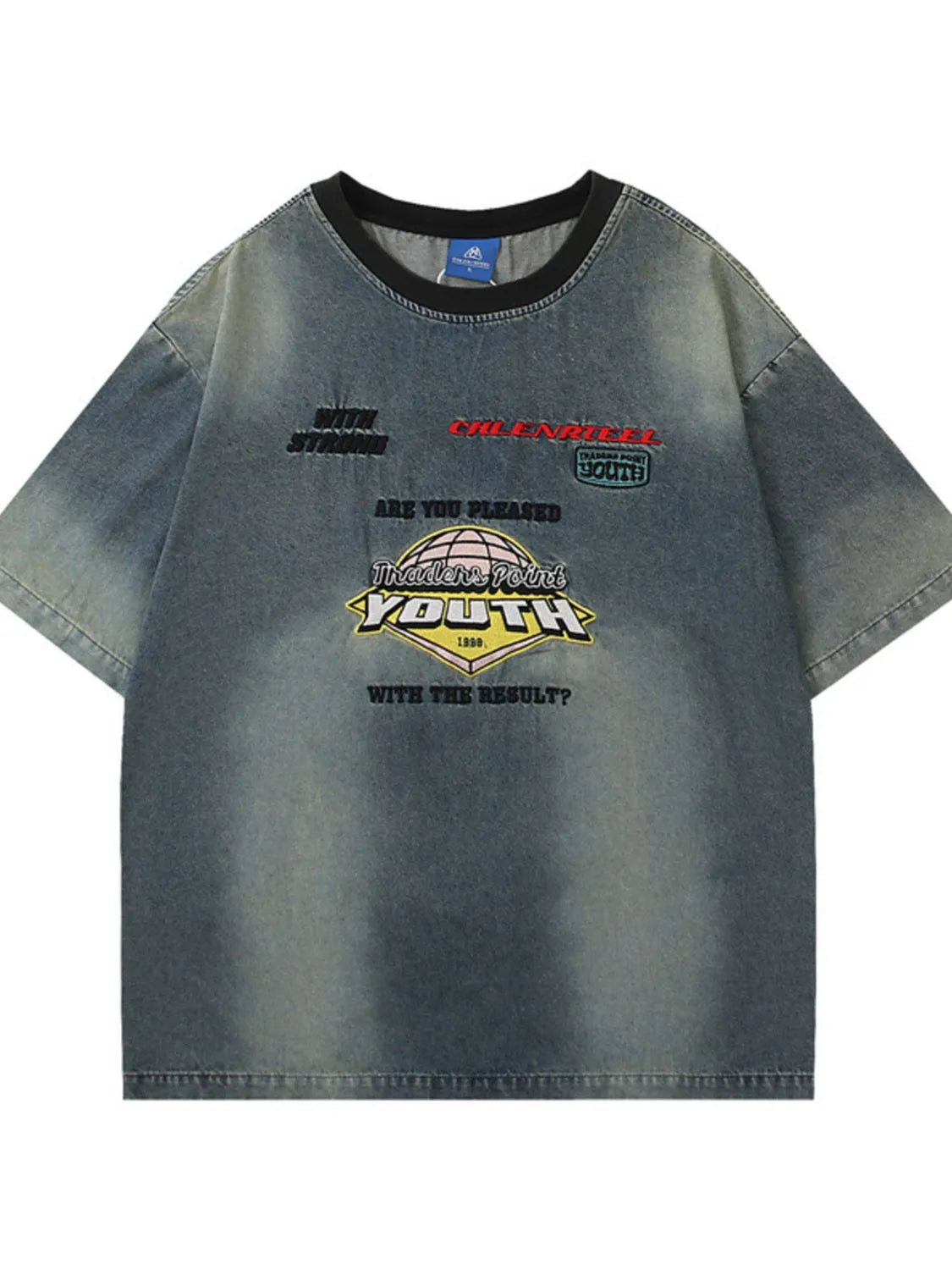 Men's Round Neck Washed Denim Top