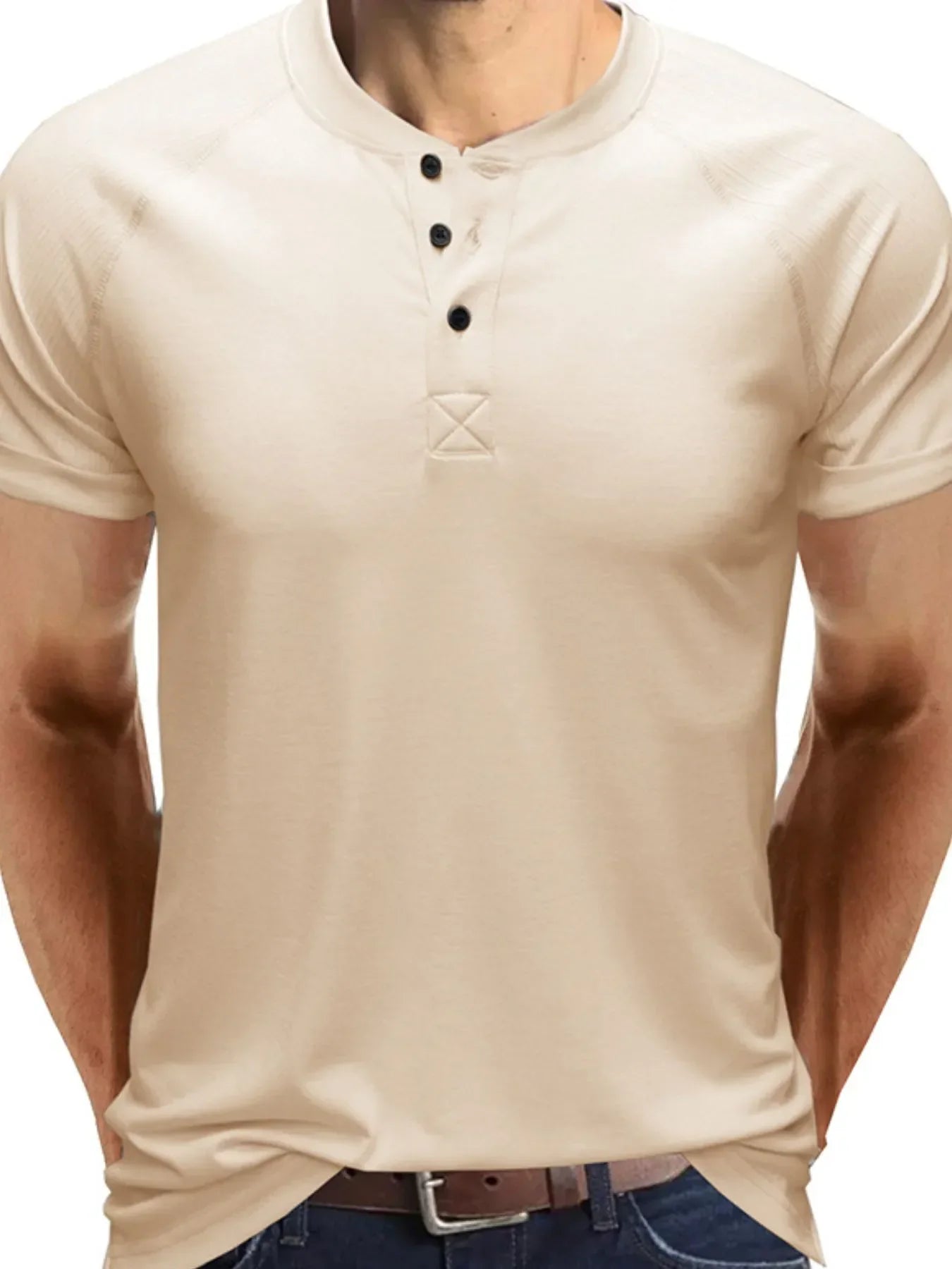 Men's Short Sleeve Henley Button Top Beige / S