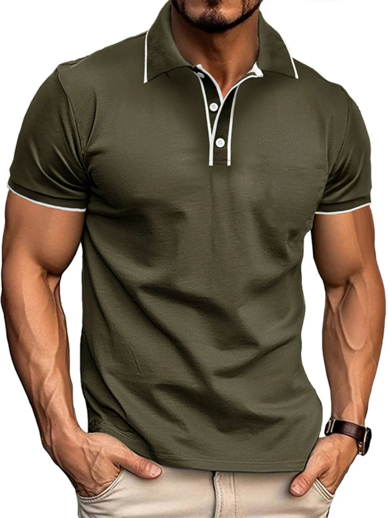 Men's Slim Fit Polo Shirt with Contrast Trim Army Green / S