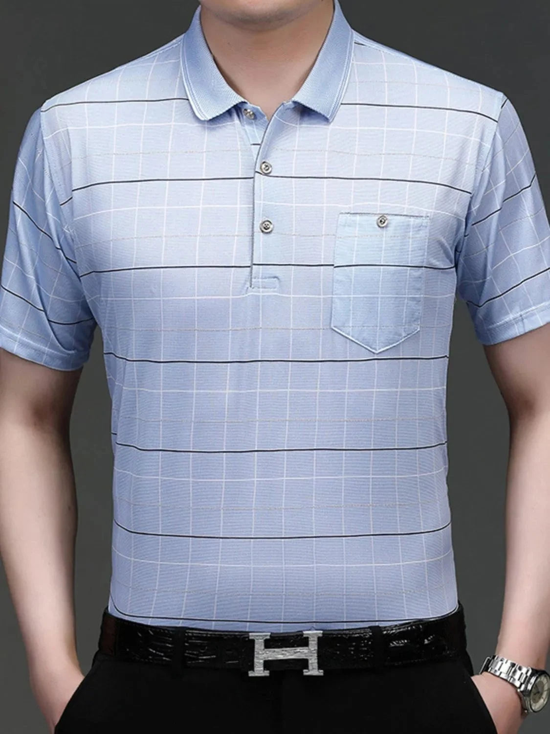 Men's Striped Button Detail Short Sleeve Polo Light Blue / 165