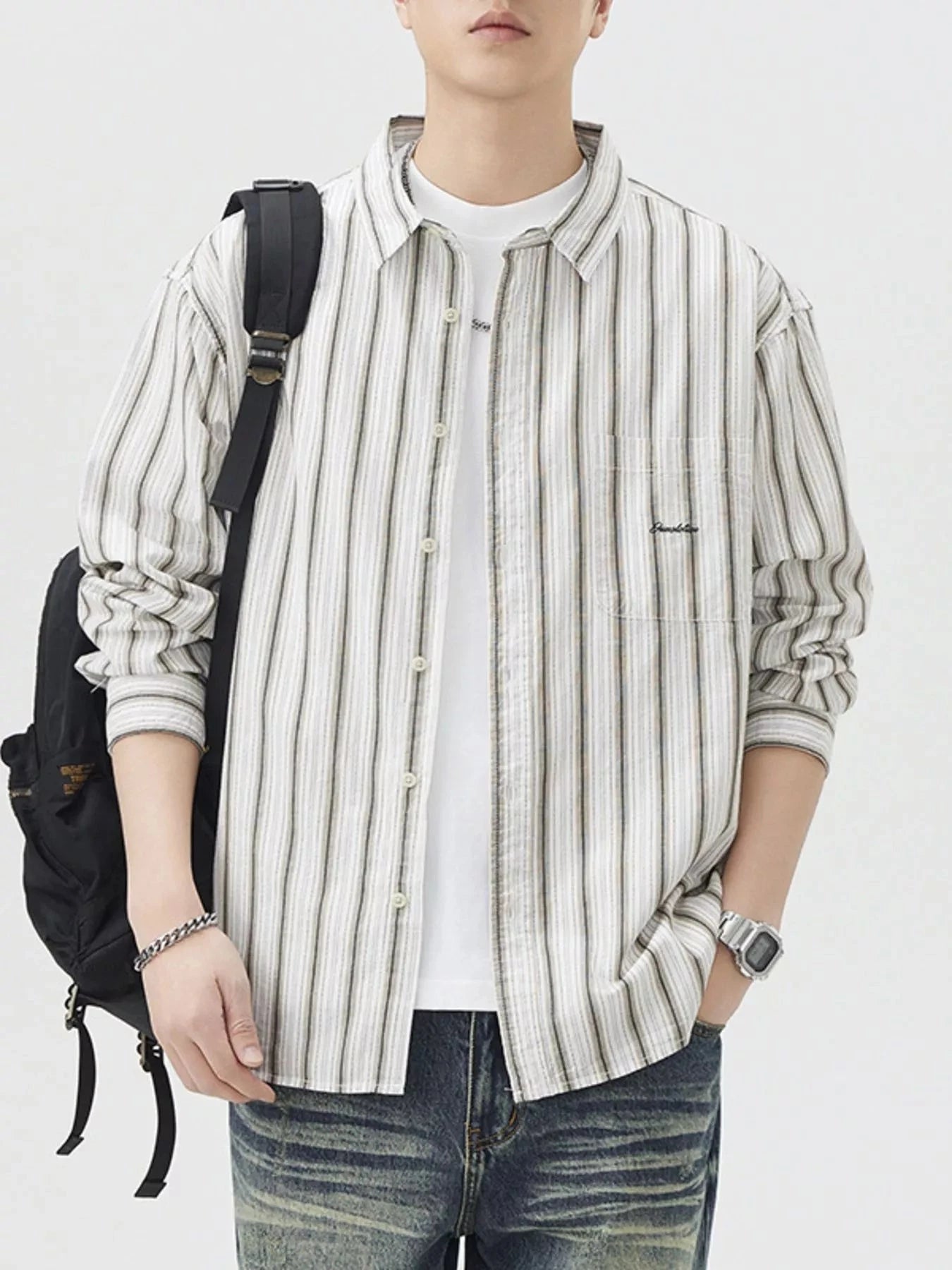 Men's Striped Button Up Long Sleeve Shirt