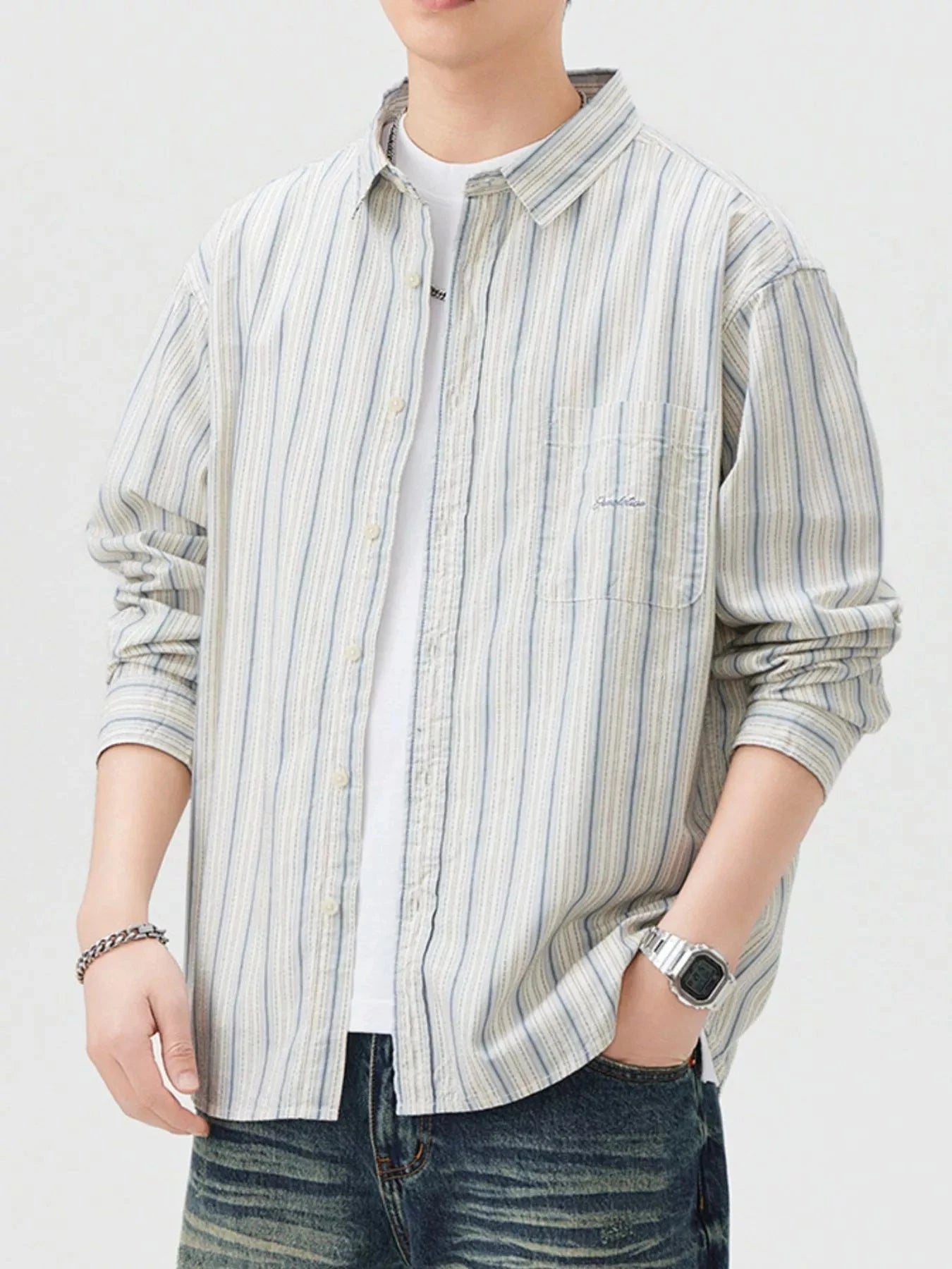 Men's Striped Button Up Long Sleeve Shirt White / M