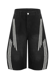 Men's Striped Loose Fit Denim Shorts Black / S