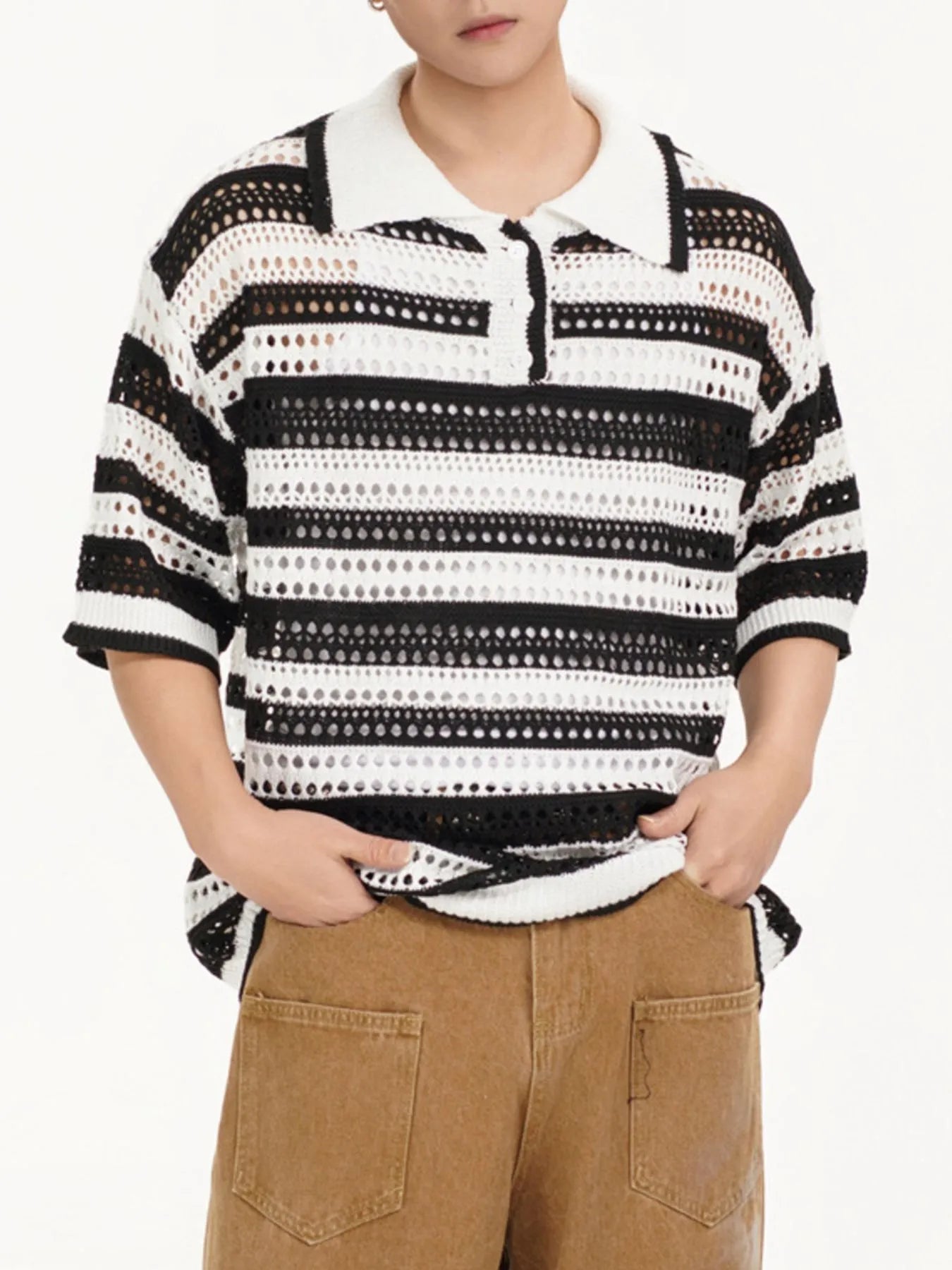 Men's Striped Openwork Knit Polo