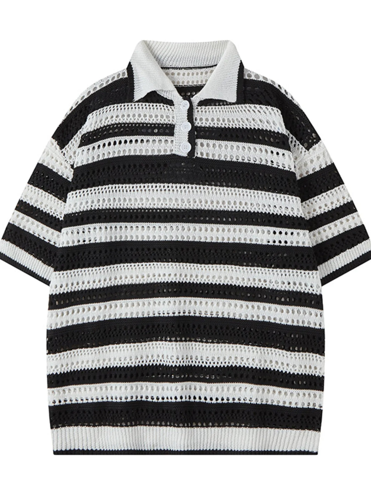 Men's Striped Openwork Knit Polo Black / S