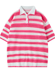 Men's Striped Openwork Knit Polo Rose Red / S