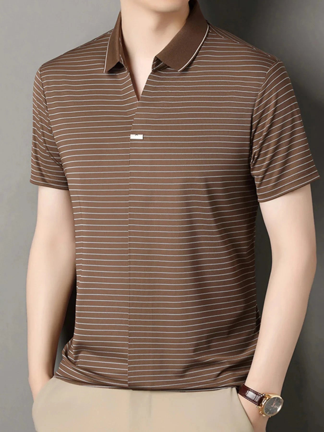 Men's Striped Short Sleeve Polo Coffee Color / 165