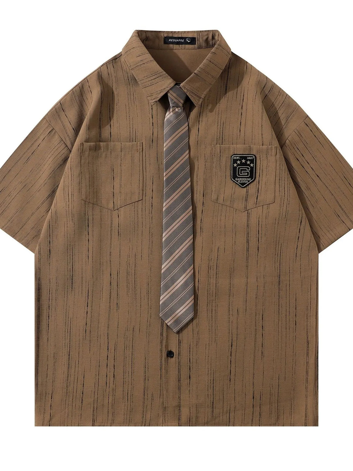 Men's Striped Short Sleeve Shirt with Tie Brown / M