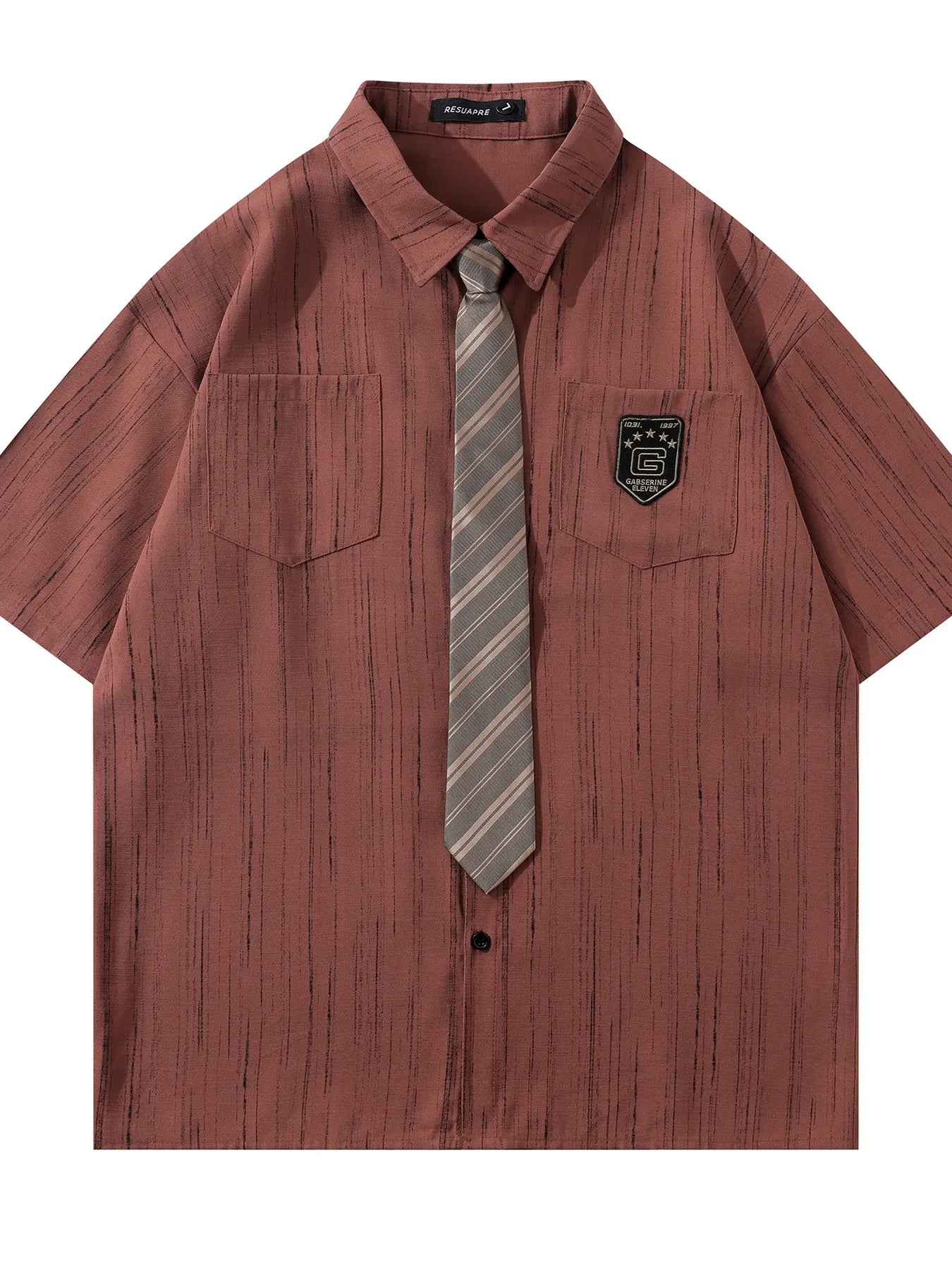 Men's Striped Short Sleeve Shirt with Tie Red / M