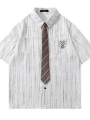 Men's Striped Short Sleeve Shirt with Tie White / M