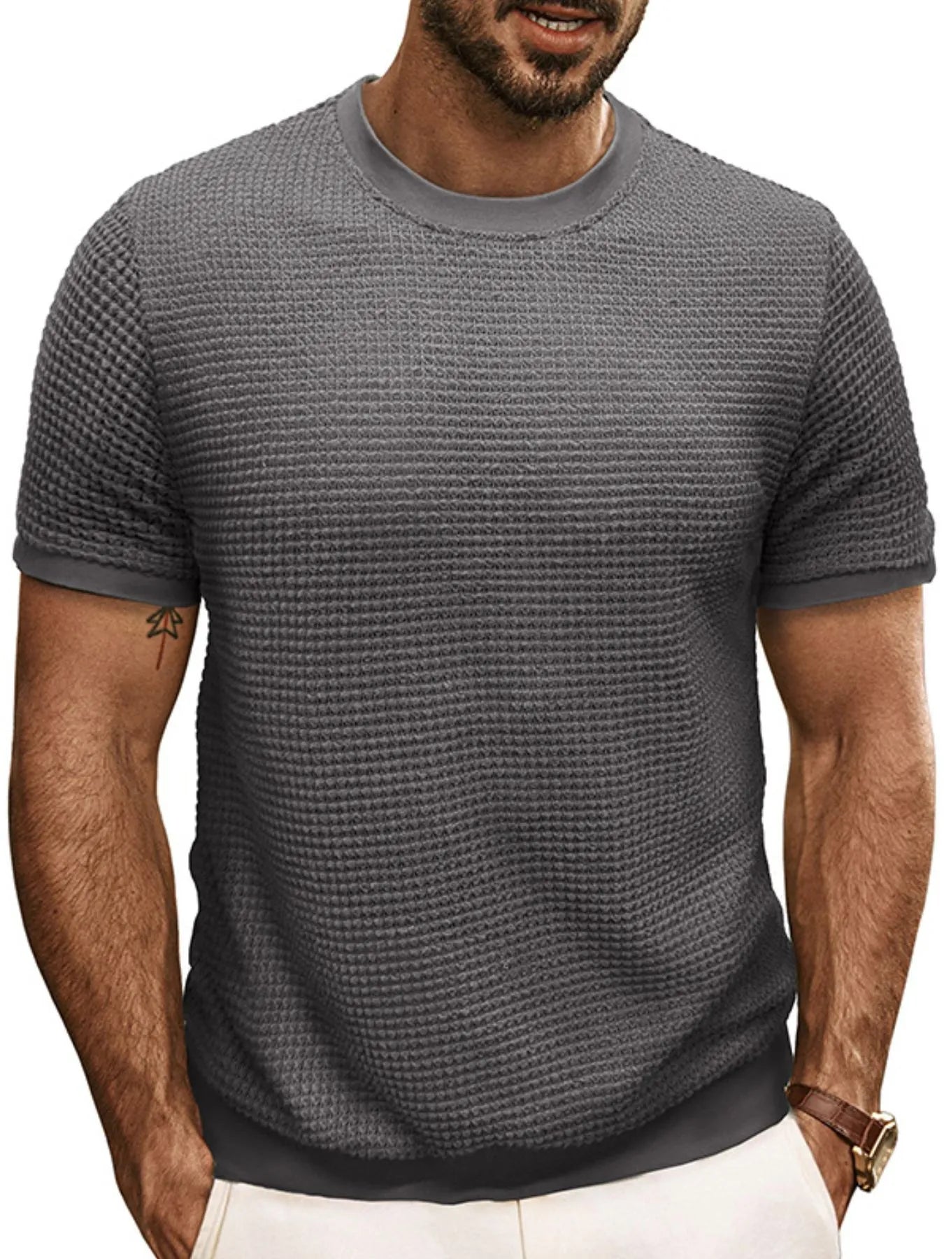 Men's Textured Knit Crew Neck T-Shirt Dark Gray / S