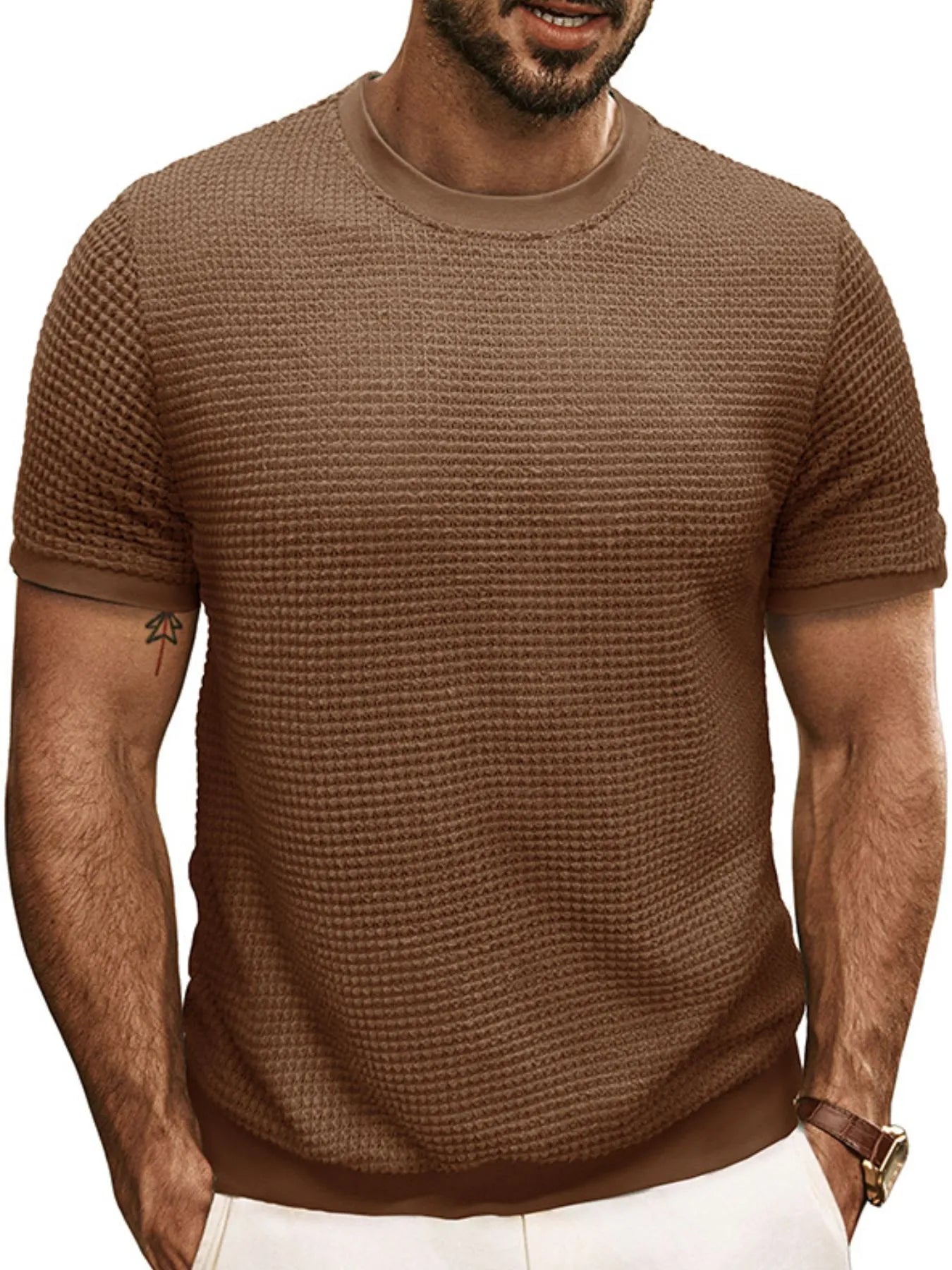 Men's Textured Knit Crew Neck T-Shirt Taupe / S