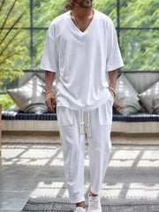 Men's V-Neck Half Sleeve Top and Pants Set White / S