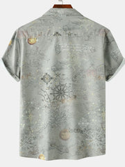 Men's Vintage Map Print Short Sleeve Button Down Shirt