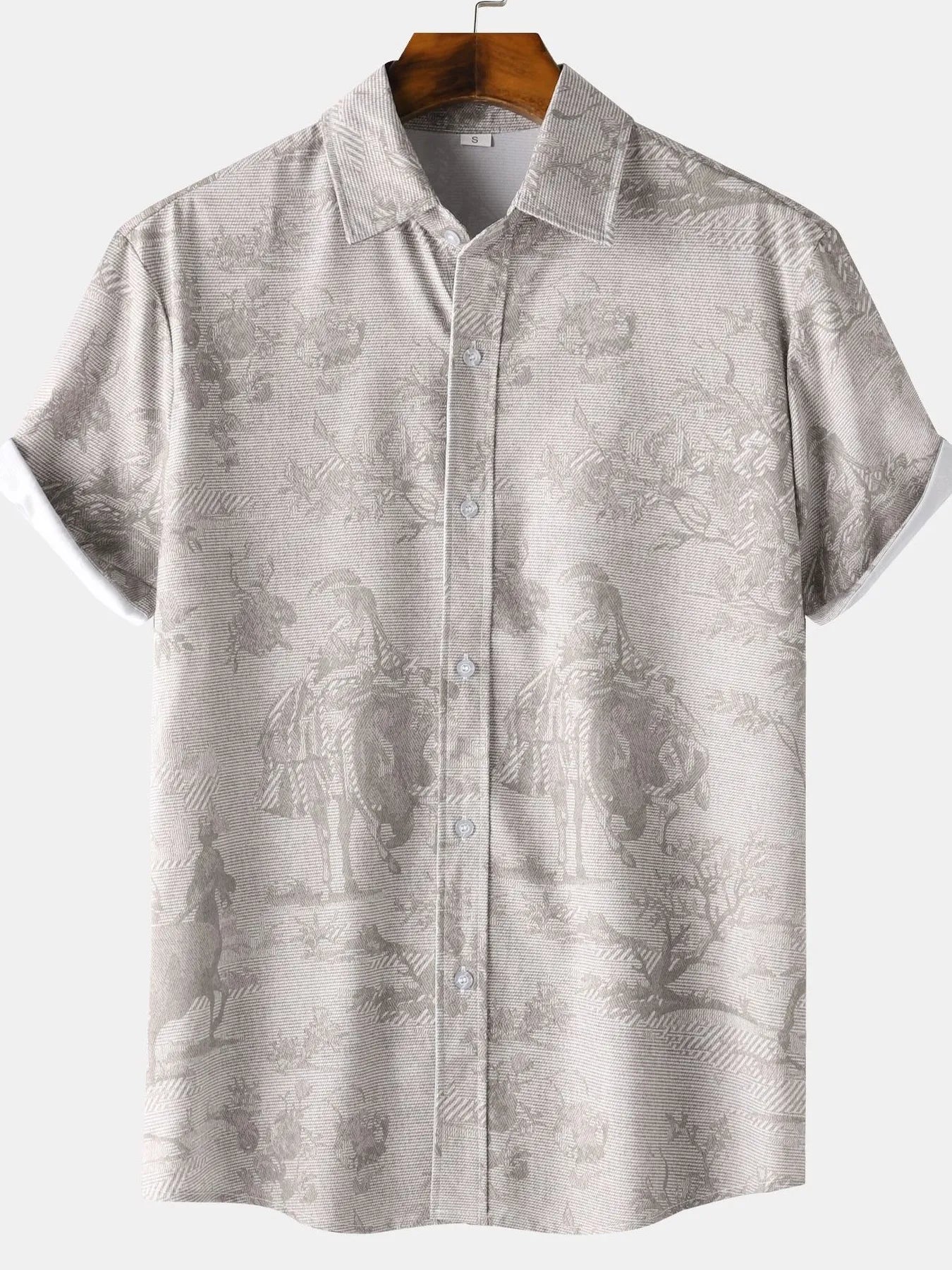 Men's Vintage Print Short Sleeve Casual Shirt Mocha / S