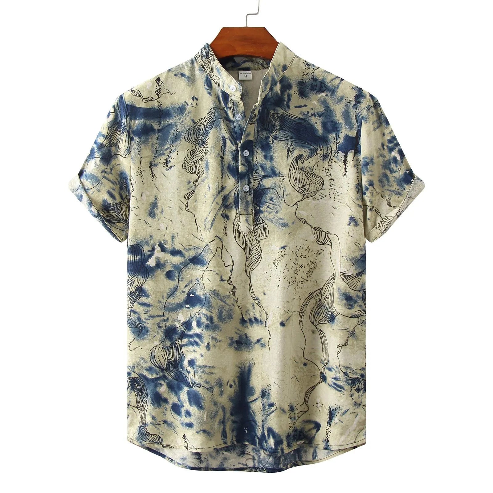 Men's Vintage Print Short Sleeve Shirt Beige / S