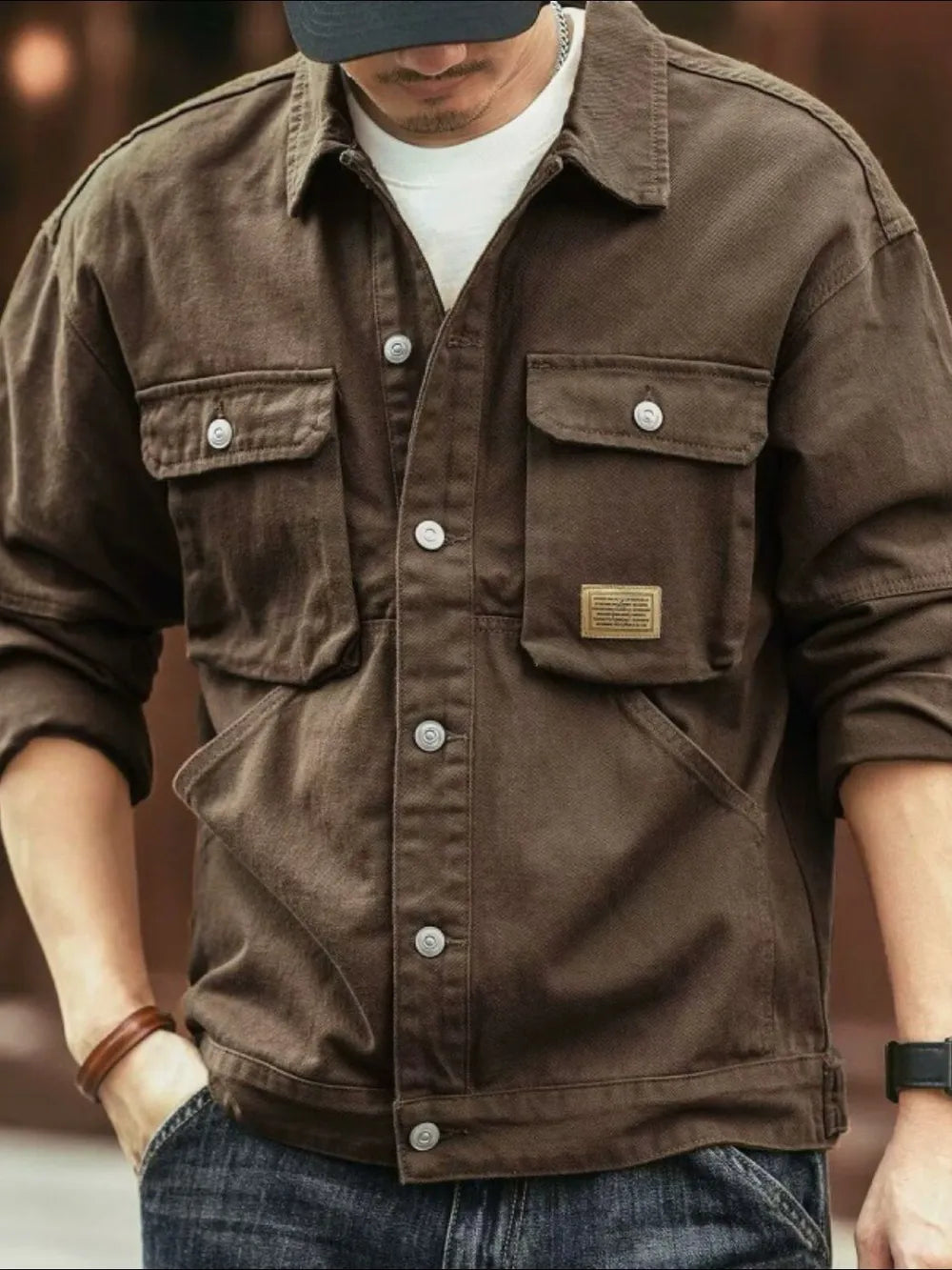 Men's Washed Collared Neck Cargo Jacket Coffee Brown / M