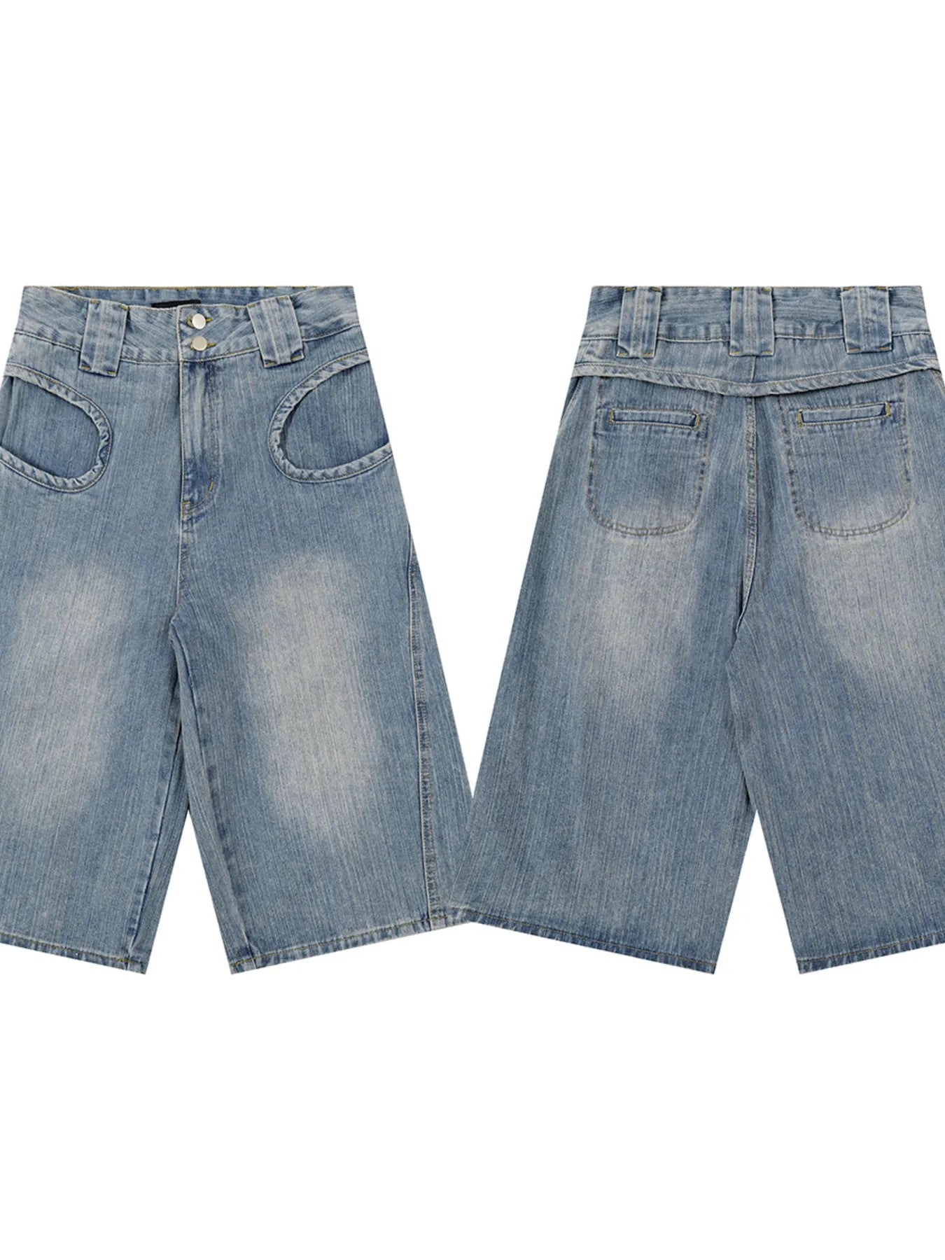 Men's Washed Denim Bermuda Shorts with Curved Pocket Detail