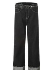Men's Washed Frayed Hem Cuff Jeans Black / S