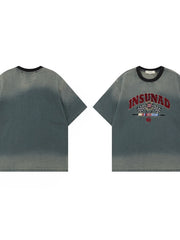 Men's Washed Letter Denim Top with Contrast Neckline