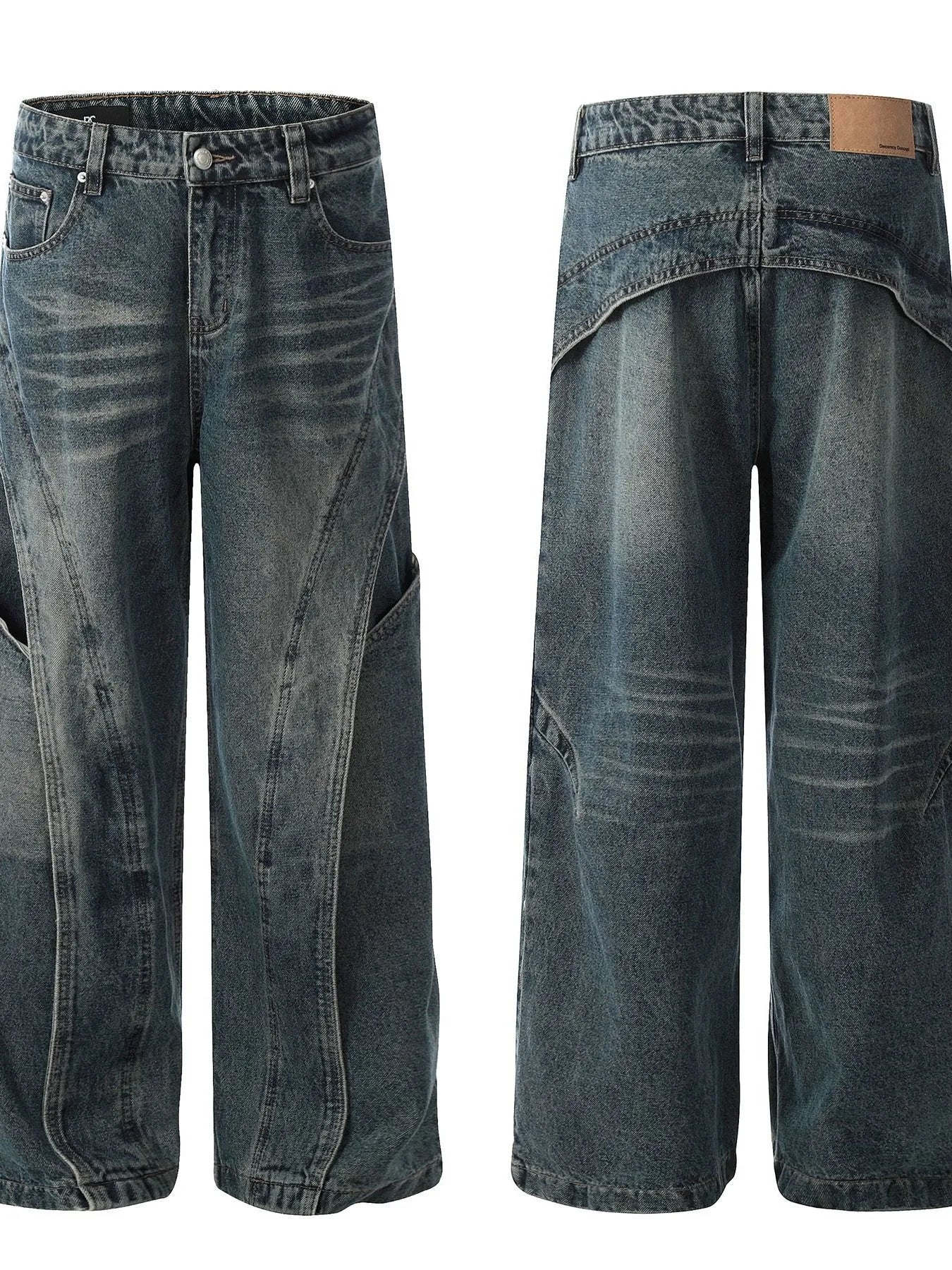 Men's Washed Straight Jeans with Unique Panel Design