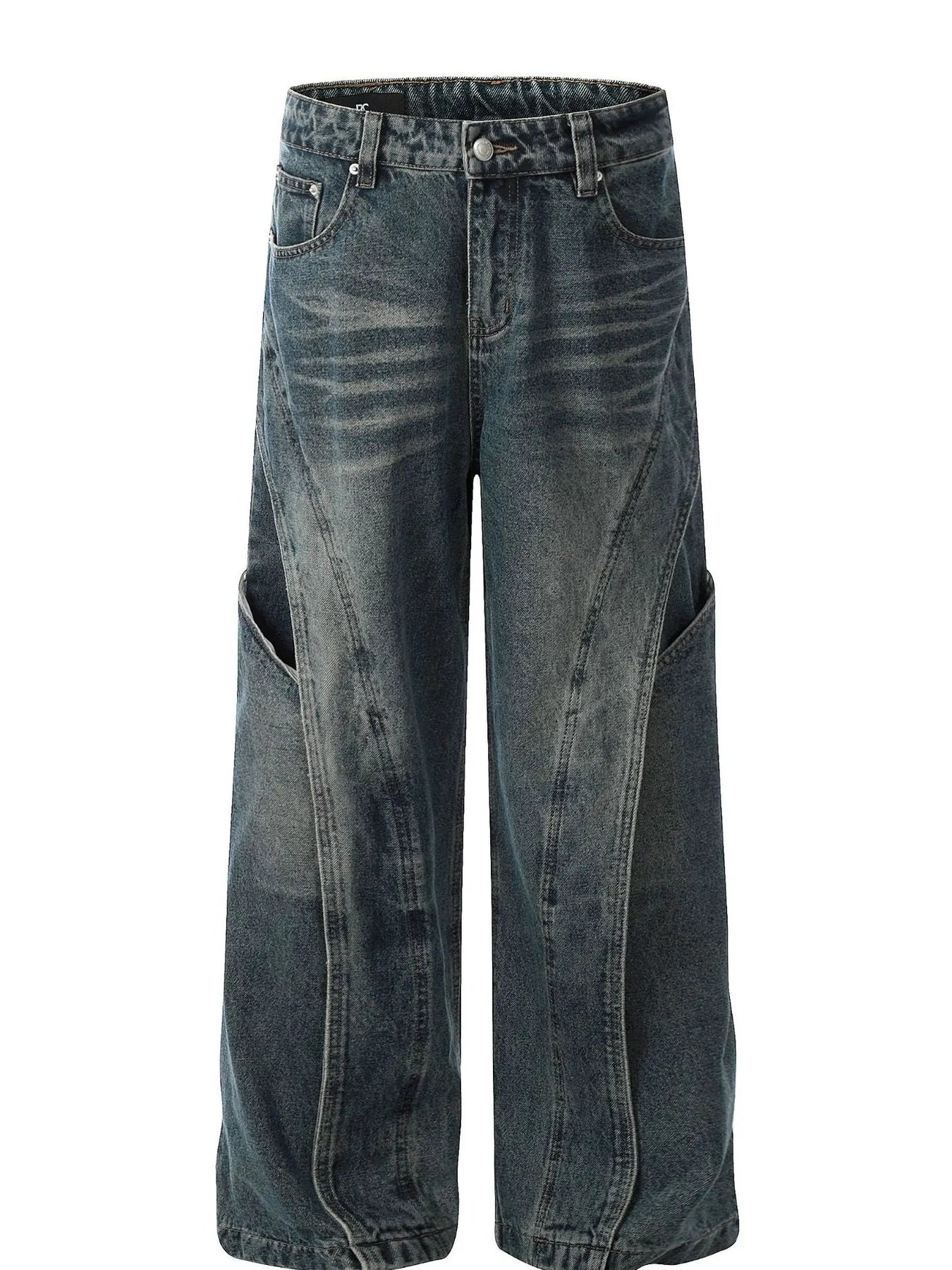 Men's Washed Straight Jeans with Unique Panel Design Blue / S