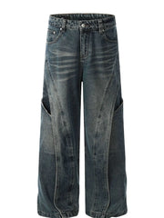 Men's Washed Straight Jeans with Unique Panel Design Blue / S
