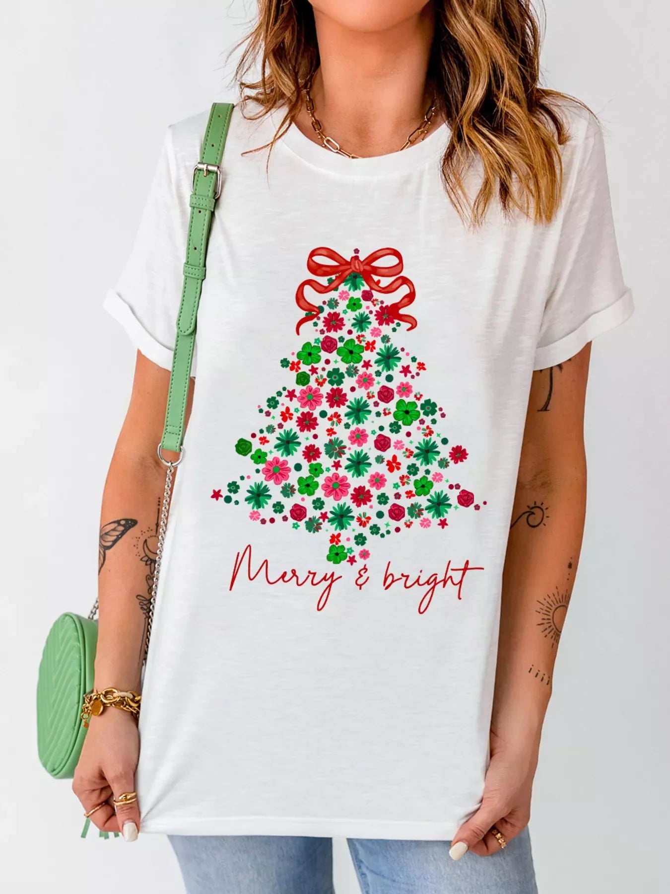 Merry & Bright Floral Christmas Tree Graphic T Shirt